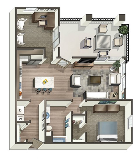 Floor plan for 1 bed, 1 bath, 893 sqft